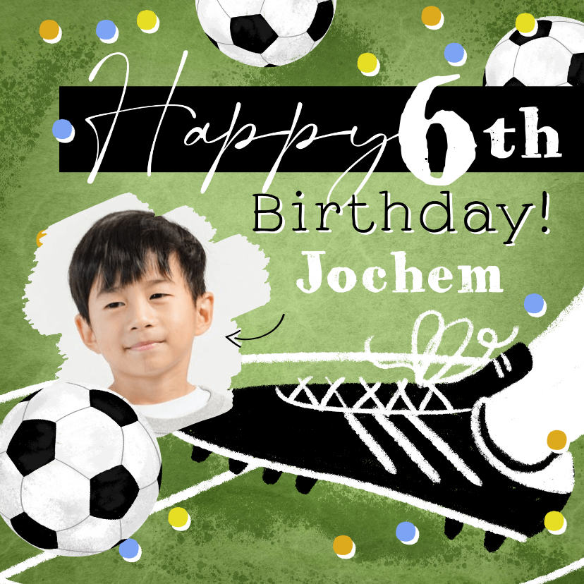Verjaardagskaarten - Stoere kaart met voetbal confetti en foto