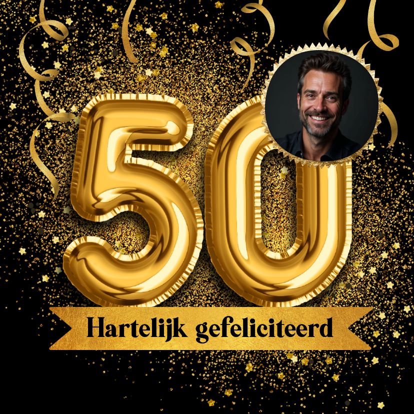 Verjaardagskaarten - Verjaardagskaart 50 jaar goud ballonnen confetti stijlvol