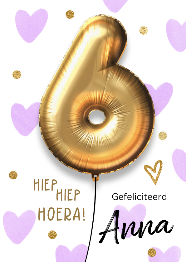 Gemaakt van katje Verduisteren Verjaardagskaart 6 jaar ballon lila hartjes | Kaartje2go
