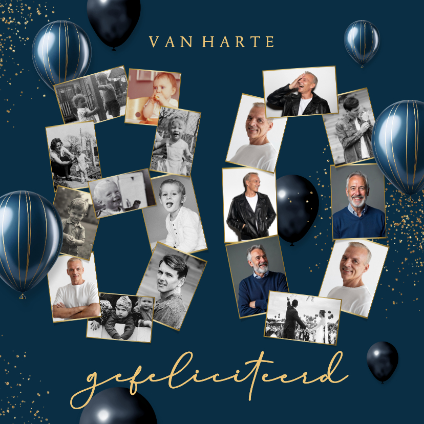 Verjaardagskaarten - Verjaardagskaart 80 jaar ballonnen confetti fotocollage