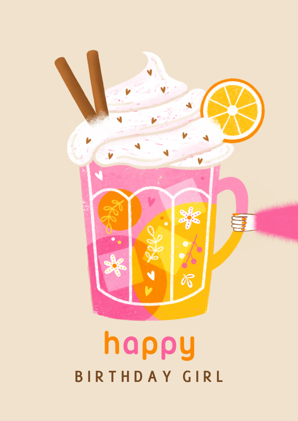 Verjaardagskaarten - Verjaardagskaart arm met beker roze geel oranje