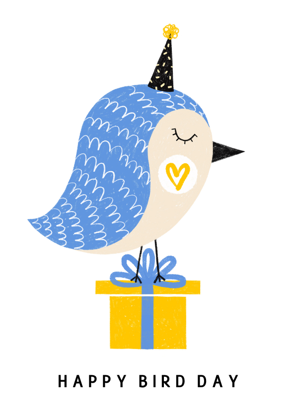 Verjaardagskaarten - Verjaardagskaart blauwe vogel met kado