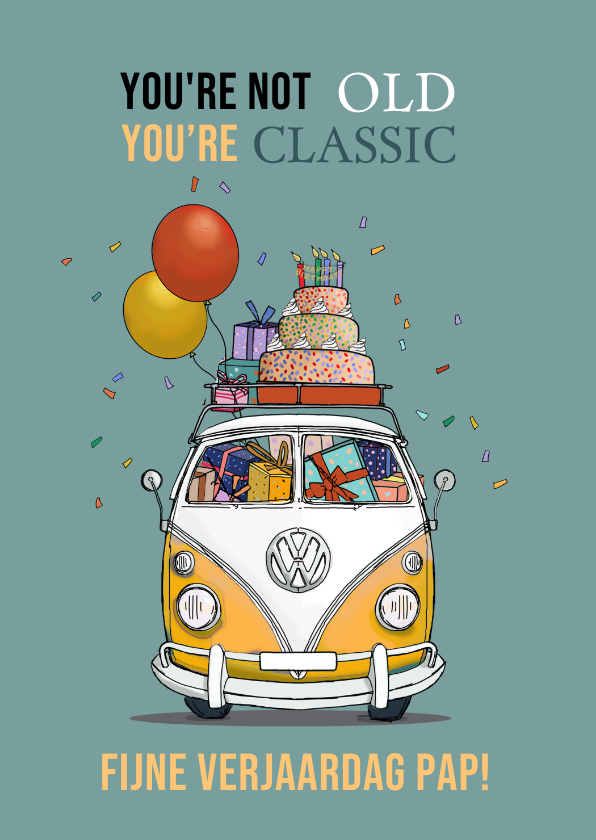 Verjaardagskaarten - Verjaardagskaart busje met taart en ballonnen 