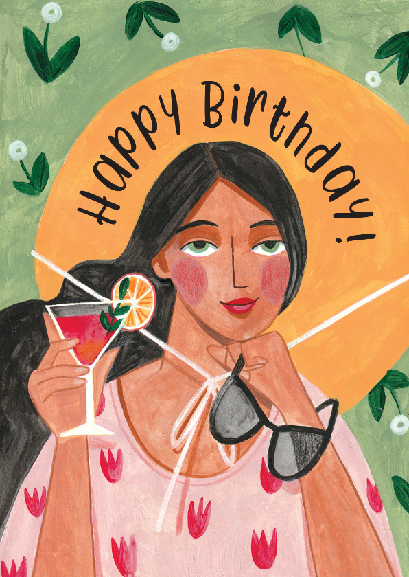 Verjaardagskaarten - Verjaardagskaart cheers cocktail en zonnebril vrouw
