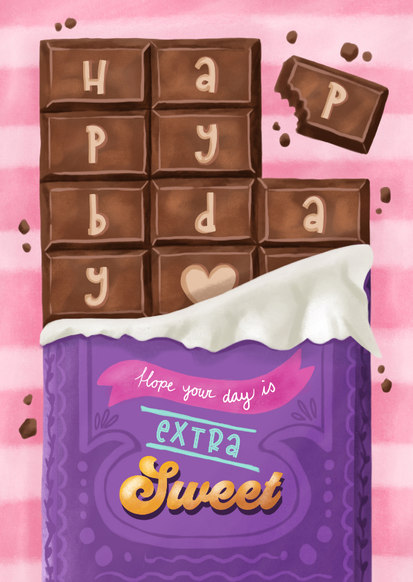 Verjaardagskaarten - Verjaardagskaart chocolade reep snoep sweet birthday vrouw