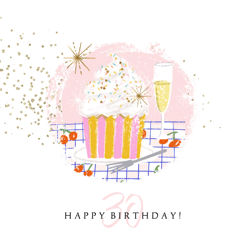 Verjaardagskaarten - Verjaardagskaart cupcake champagne sterren goud