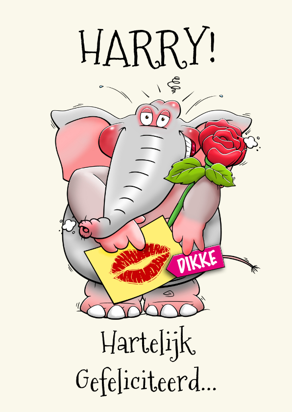 Verjaardagskaarten - Verjaardagskaart dikke kus voor de jarige olifant met roos