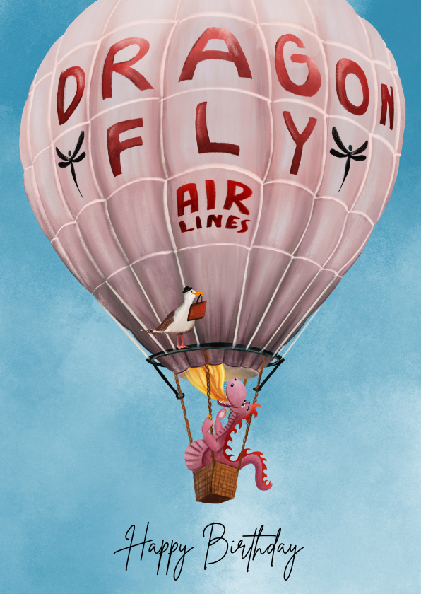 Verjaardagskaarten - Verjaardagskaart draak in luchtballon