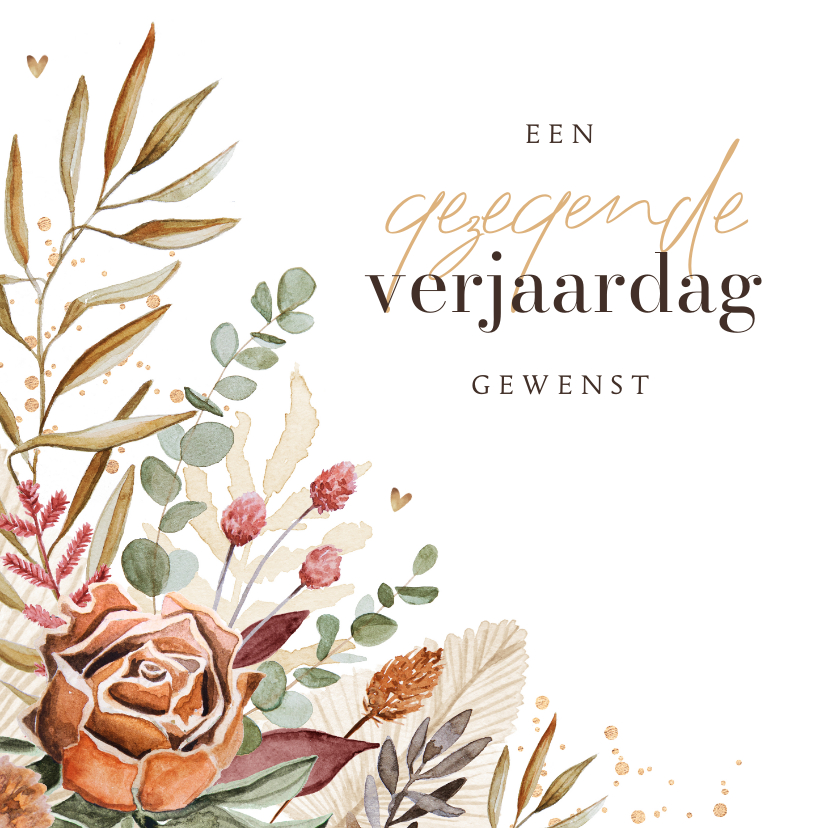 Verjaardagskaarten - Verjaardagskaart droogbloemen christelijk gouden hartjes