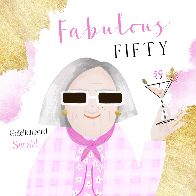 Verjaardagskaarten - Verjaardagskaart Fabulous Fifty Sarah goudlook roze