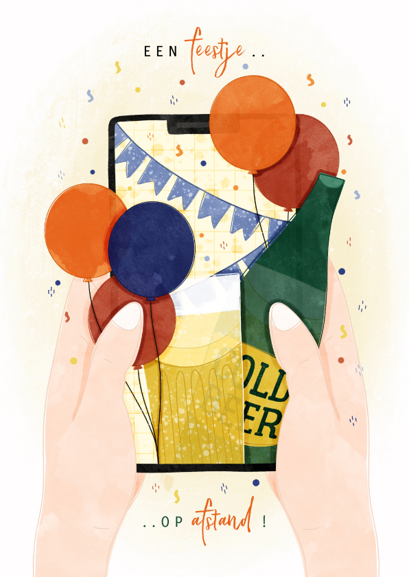 Verjaardagskaarten - Verjaardagskaart feestje op afstand telefoon met confetti