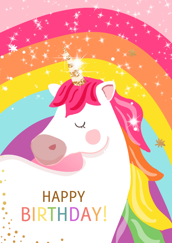 Verjaardagskaarten - Verjaardagskaart felicitatie eenhoorn met regenboog roze