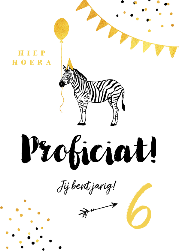 Verjaardagskaarten - Verjaardagskaart felicitatie kind zebra feest okergeel 
