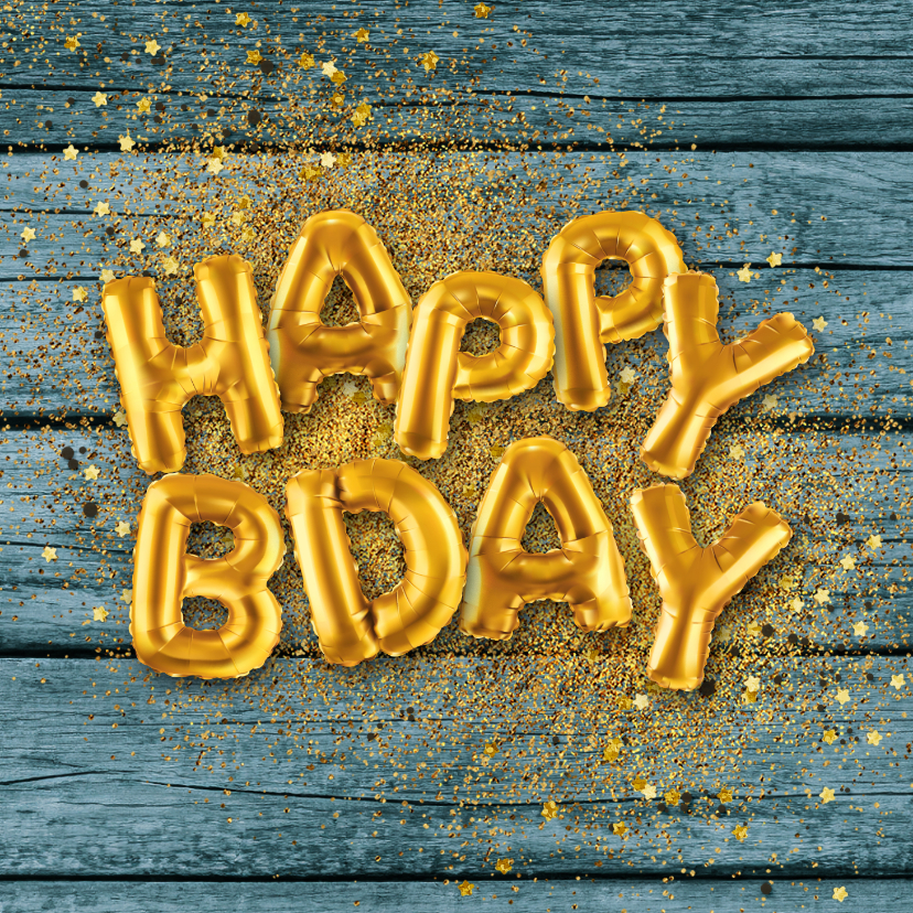 Verjaardagskaarten - Verjaardagskaart gouden ballonnen confetti hout blauw