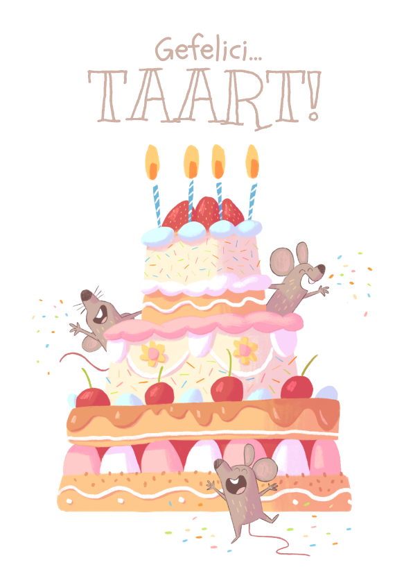 Verjaardagskaarten - Verjaardagskaart grappige muisjes op taart