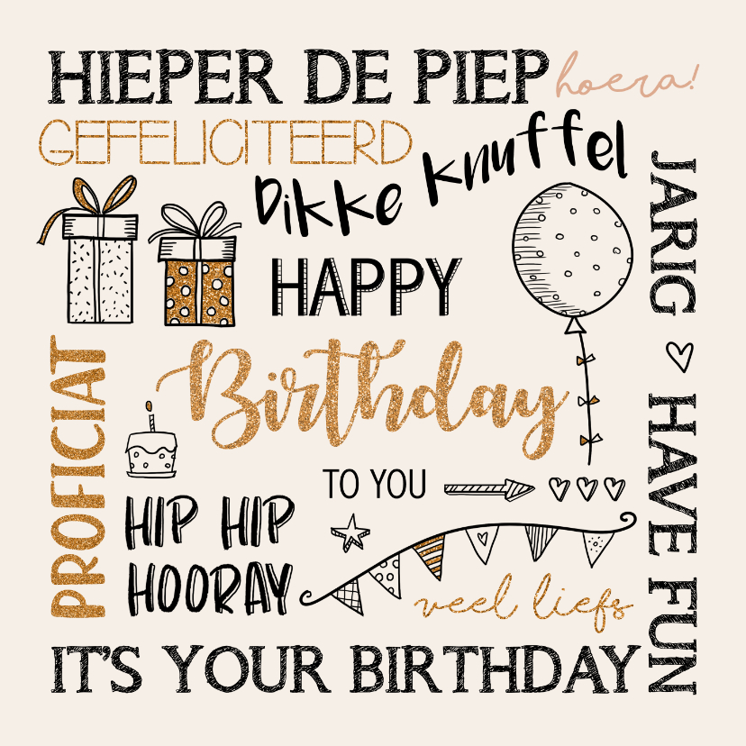 Verjaardagskaarten - Verjaardagskaart handlettering beige en koper