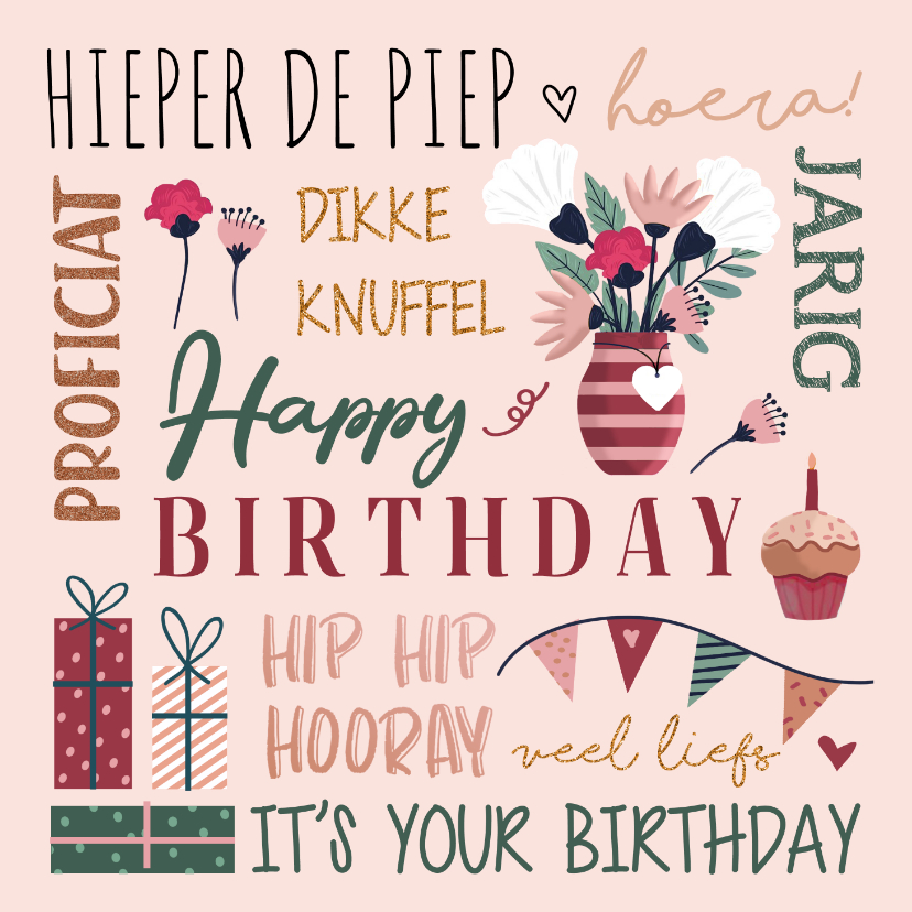 Verjaardagskaarten - Verjaardagskaart handlettering met bloemen