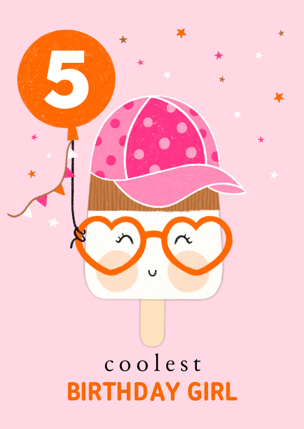 Verjaardagskaarten - Verjaardagskaart happy ijsje roze ballon oranje