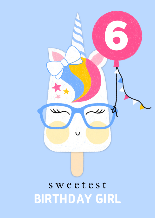 Verjaardagskaarten - Verjaardagskaart happy unicorn ijsje blauw ballon roze
