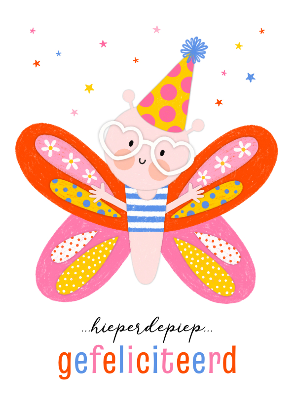 Verjaardagskaarten - Verjaardagskaart happy vlinder feestmuts roze rood blauw