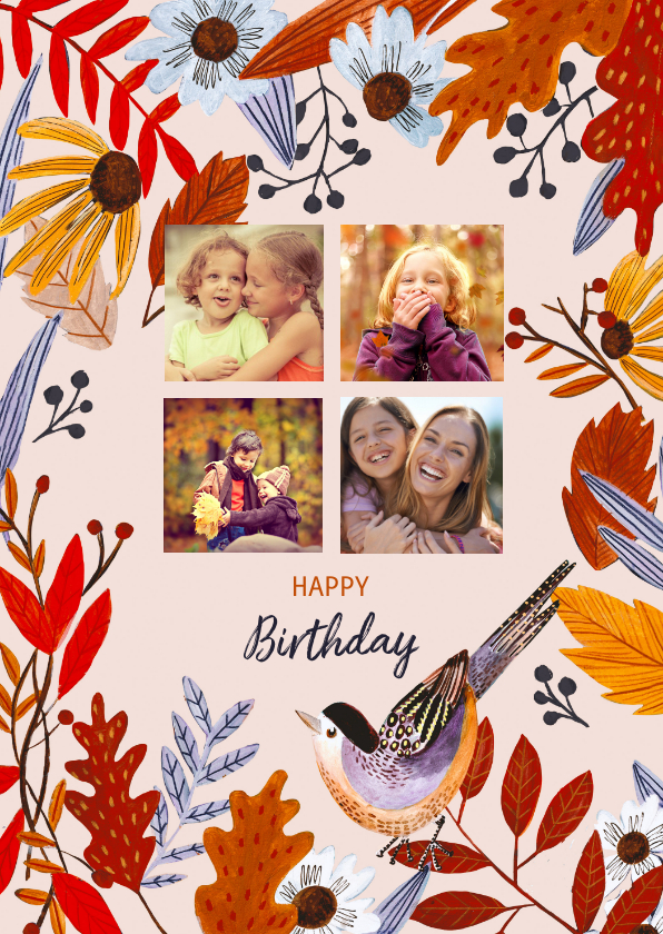 Verjaardagskaarten - Verjaardagskaart herfstbladeren met foto collage