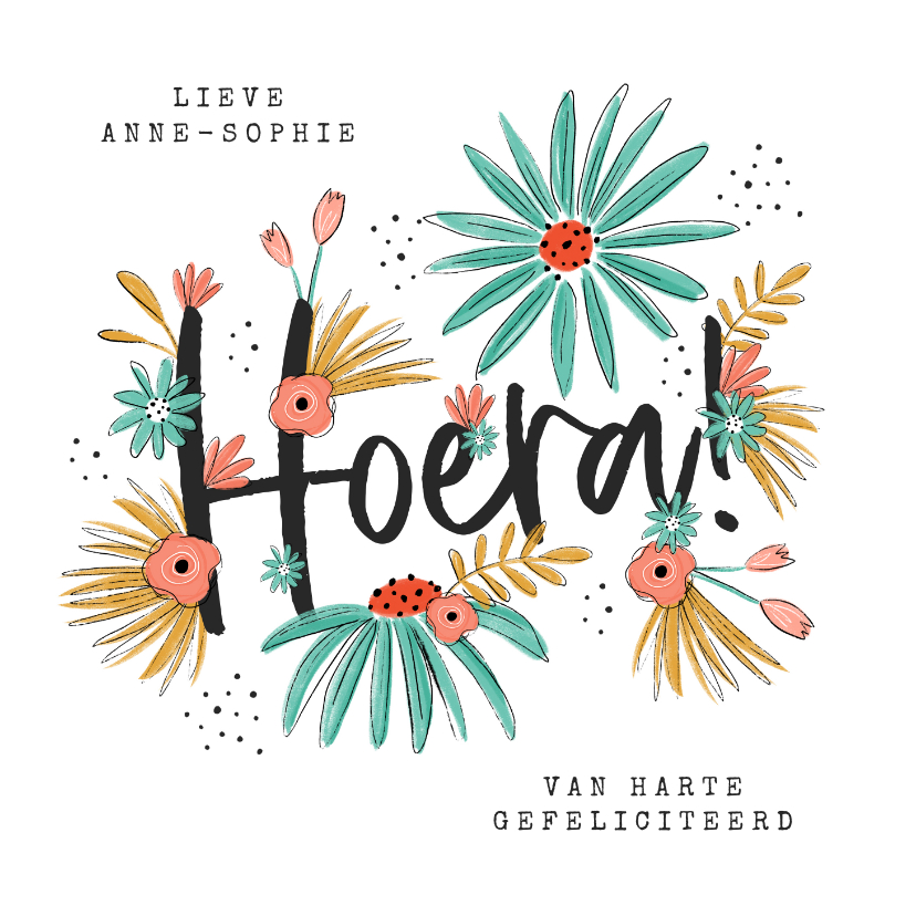 Verjaardagskaarten - Verjaardagskaart hoera bloemen illustratie proficiat