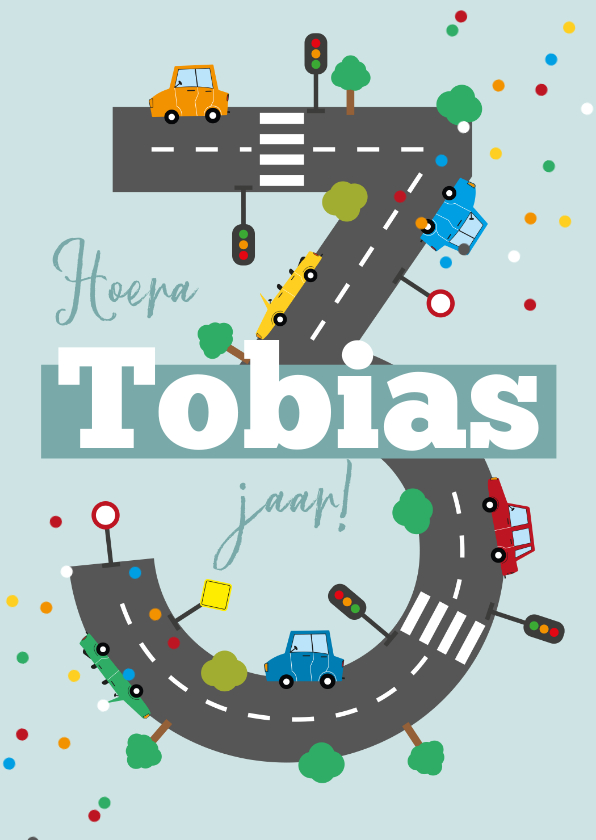 Verjaardagskaarten - Verjaardagskaart kind 3 jaar auto voertuigen weg confetti