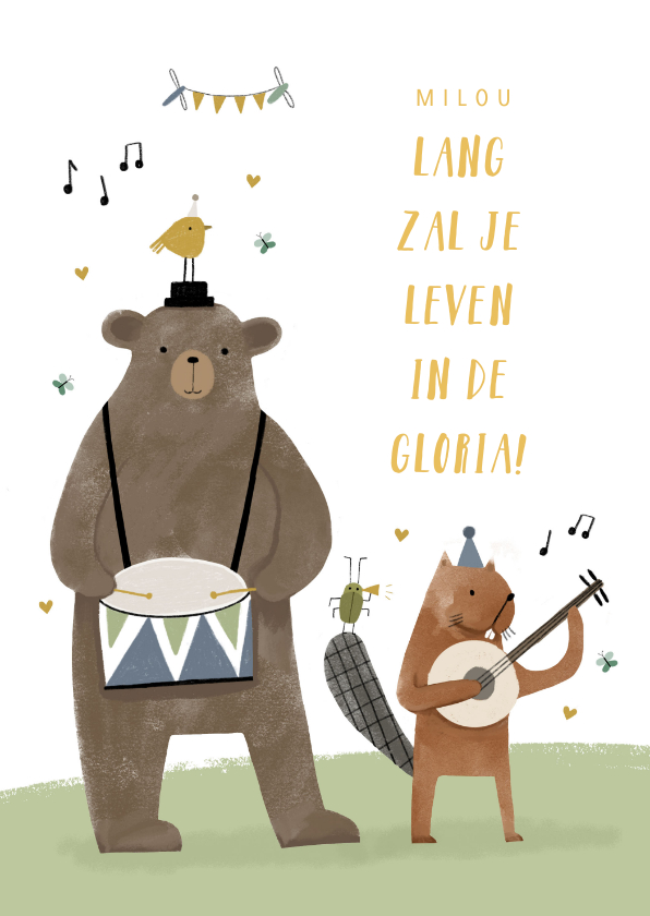 Verjaardagskaarten - Verjaardagskaart kind met muziek dieren en lang zal je leven