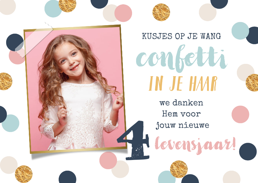 Verjaardagskaarten - Verjaardagskaart kusje op je wang confetti in je haar