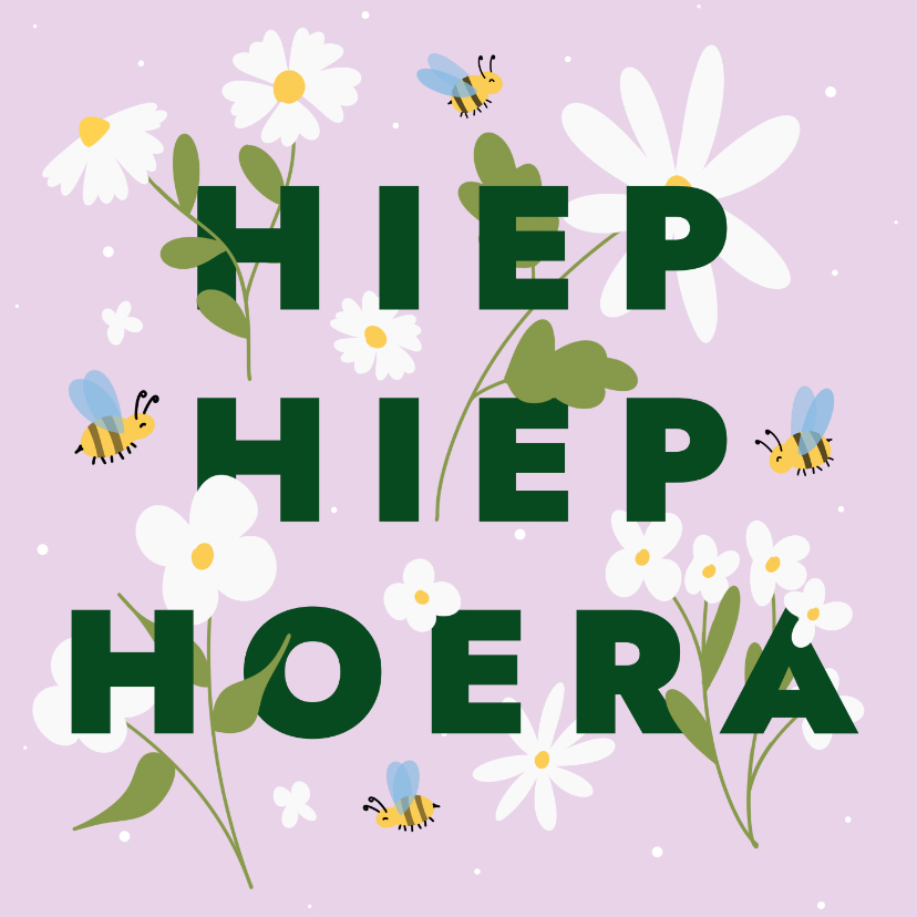 Verjaardagskaarten - Verjaardagskaart lila met bloemen en bijen hiep hoera