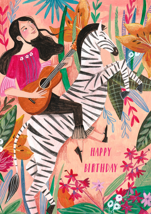 Verjaardagskaarten - Verjaardagskaart meisje met gitaar op zebra met bloemen