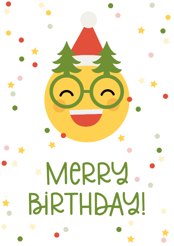 Verjaardagskaarten - Verjaardagskaart merry birthday emoji met kerstbril