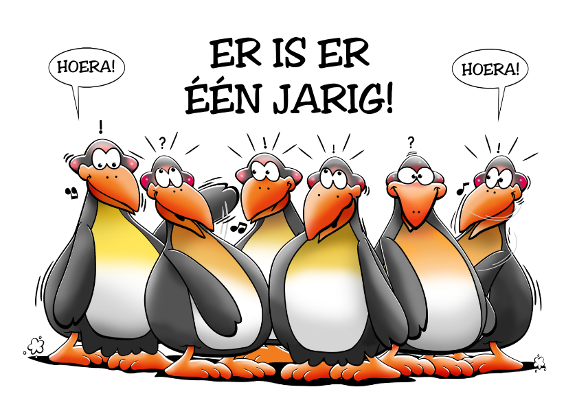 Verjaardagskaarten - Verjaardagskaart met 6 pinguïns die de jarige feliciteren