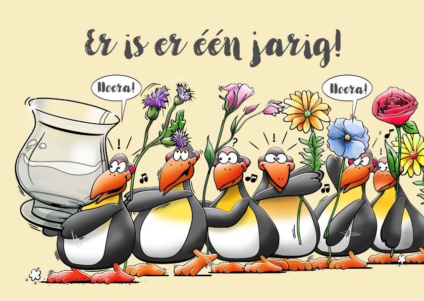 Verjaardagskaarten - Verjaardagskaart met 6 pinguïns die vaas bloemen vullen