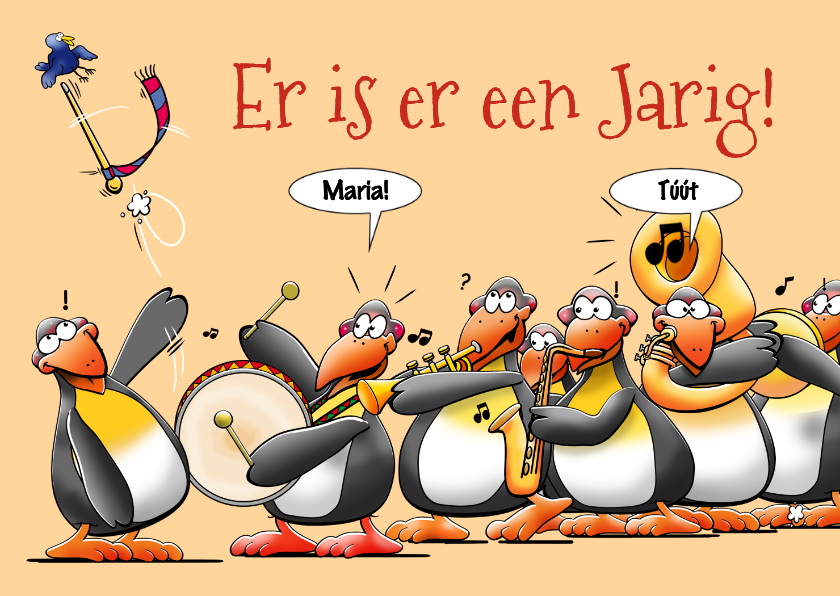 Verjaardagskaarten - verjaardagskaart met 7 pinguïns die de jarige feliciteren