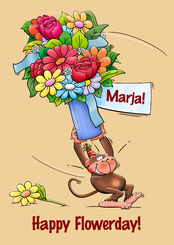 Verjaardagskaarten - Verjaardagskaart met aap en vaas met bloemen