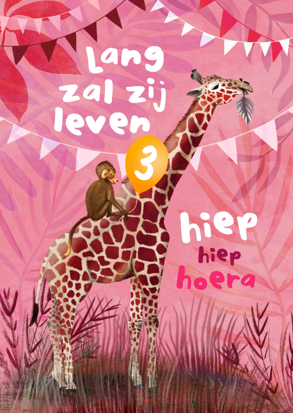 Verjaardagskaarten - Verjaardagskaart met aapje en giraffe