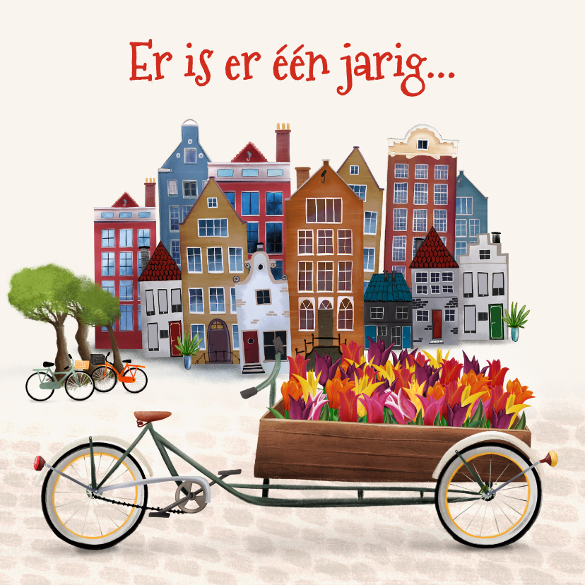 Verjaardagskaarten - Verjaardagskaart met bakfiets en tulpen