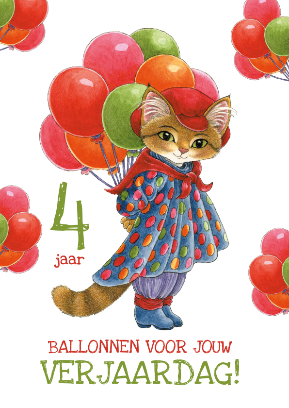 Verjaardagskaarten - Verjaardagskaart met ballonnen van poes molly