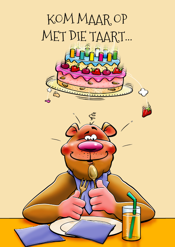 Verjaardagskaarten - Verjaardagskaart met beer en vallende taart