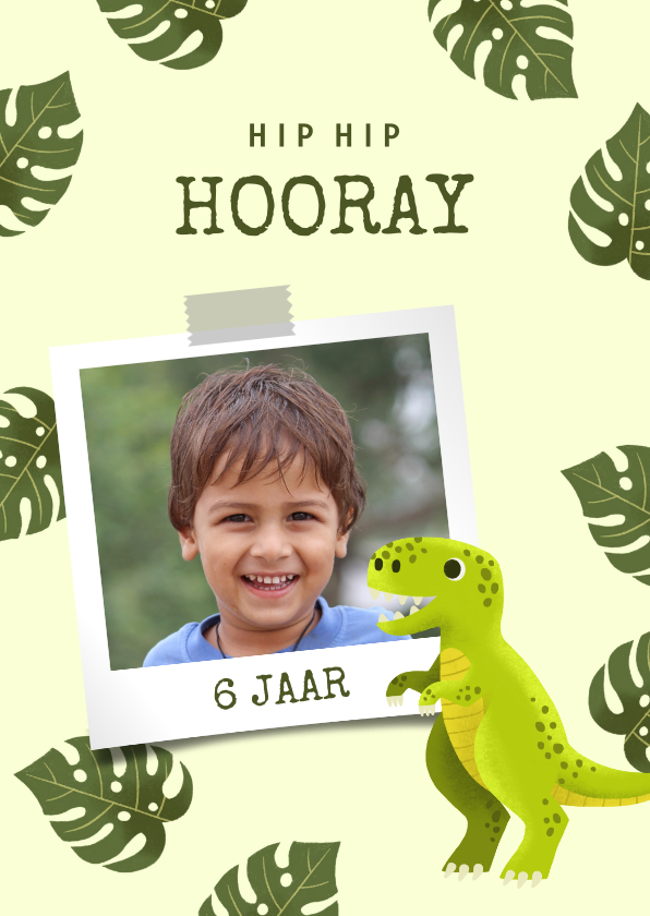 Verjaardagskaarten - Verjaardagskaart met dinosaurus, bladeren en foto