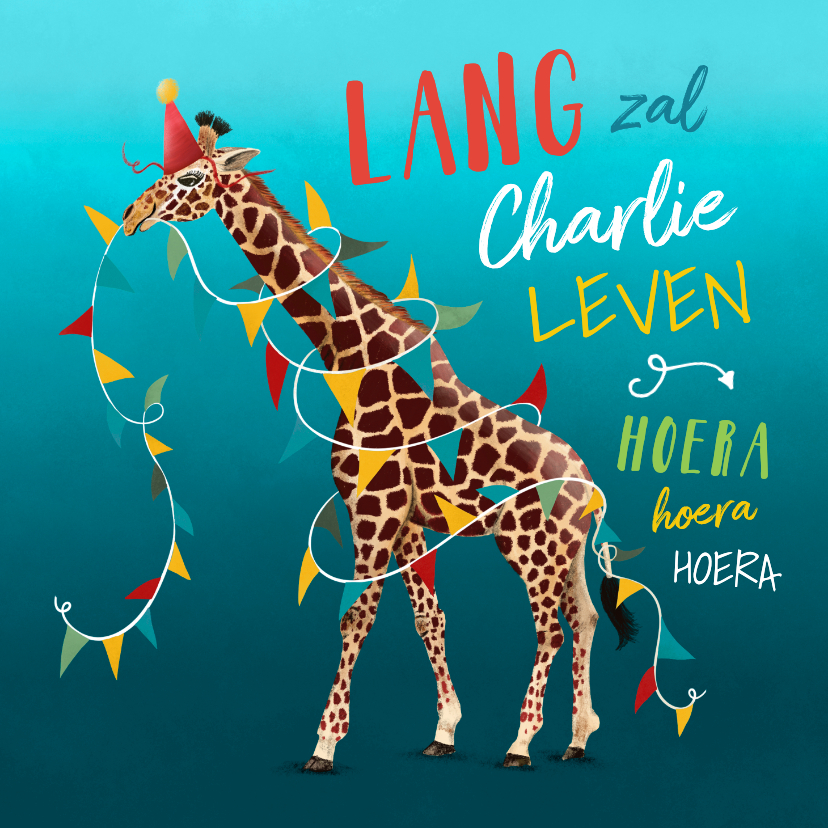 Verjaardagskaarten - Verjaardagskaart met giraffe en slingers