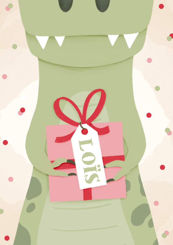 Verjaardagskaarten - Verjaardagskaart met halve dinosaurus en cadeautje