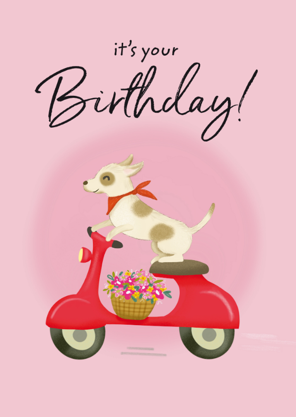 Verjaardagskaarten - Verjaardagskaart met hondje en mandje met bloemen op scooter