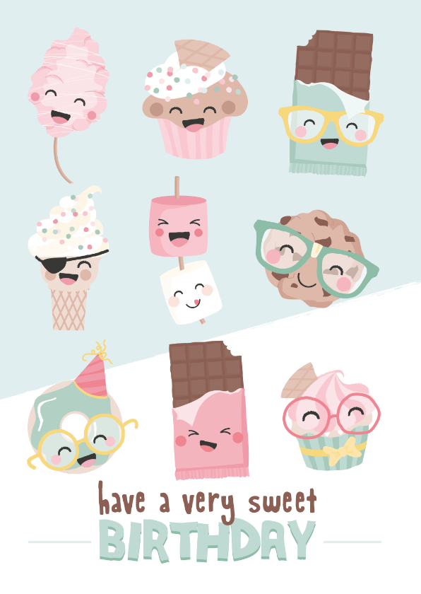 Verjaardagskaarten - Verjaardagskaart met Illustraties van snoep, cake en ijs!