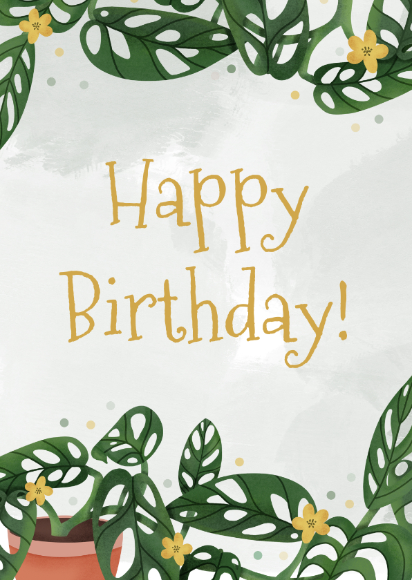 Verjaardagskaarten - Verjaardagskaart met monstera plantjes en confetti
