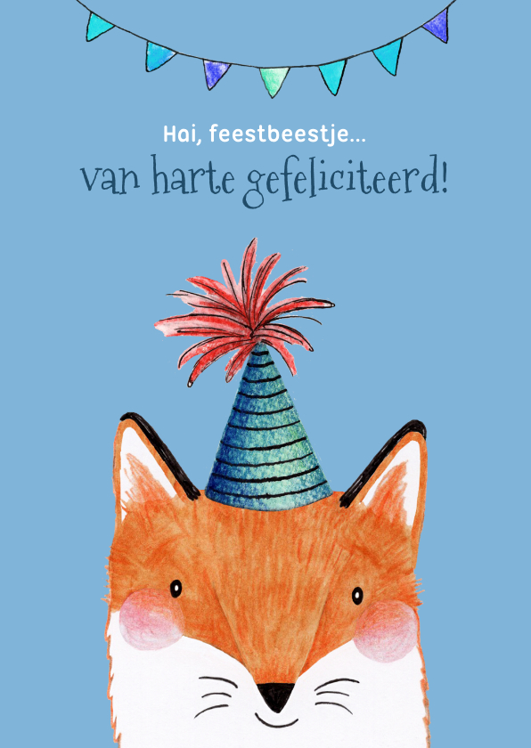 Verjaardagskaarten - Verjaardagskaart met vos en feesthoedje