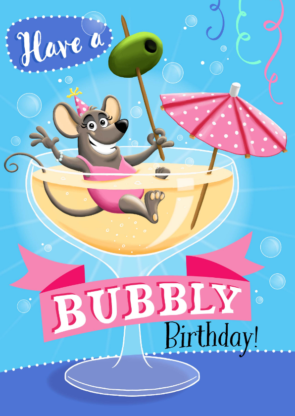 Verjaardagskaarten - Verjaardagskaart muis in een glas met bubbels!