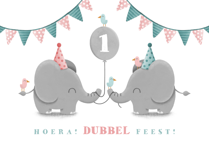 Verjaardagskaarten - Verjaardagskaart olifantjes tweeling met ballon en slingers