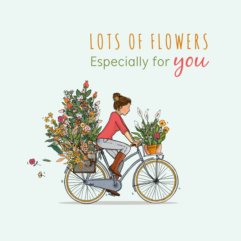 Haalbaar Saga naald Verjaardagskaart op de fiets met veel bloemen | Kaartje2go